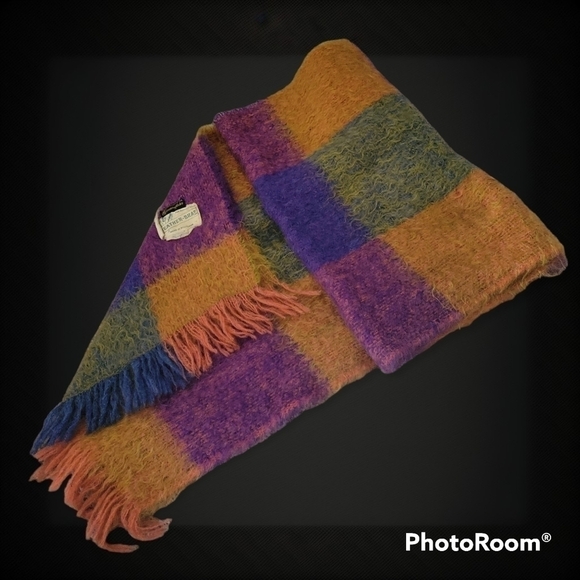 Vtg Heather Brae Scottish Mohair Rainbow Fringe Shawl Wrap FLAWED - Picture 1 of 10